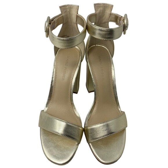 NEW Marc Fisher Magali Heel Size 5.5 M Leather Open Toe Shoe Ankle Strap Gold - Picture 3 of 12